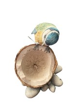 BLUE TIT BIRD ON A HALF COCONUT  BORDER FINE ARTS HANDMADE SCOTLAND RESIN 1984