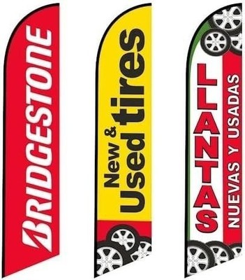 3 (three) Tall Feather Flags of New & Used Tires Bridgestone and Llantas...