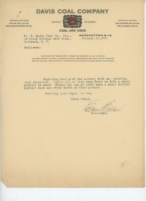 1920 Davis Coal Company Letter Morgantown WV Signed By President