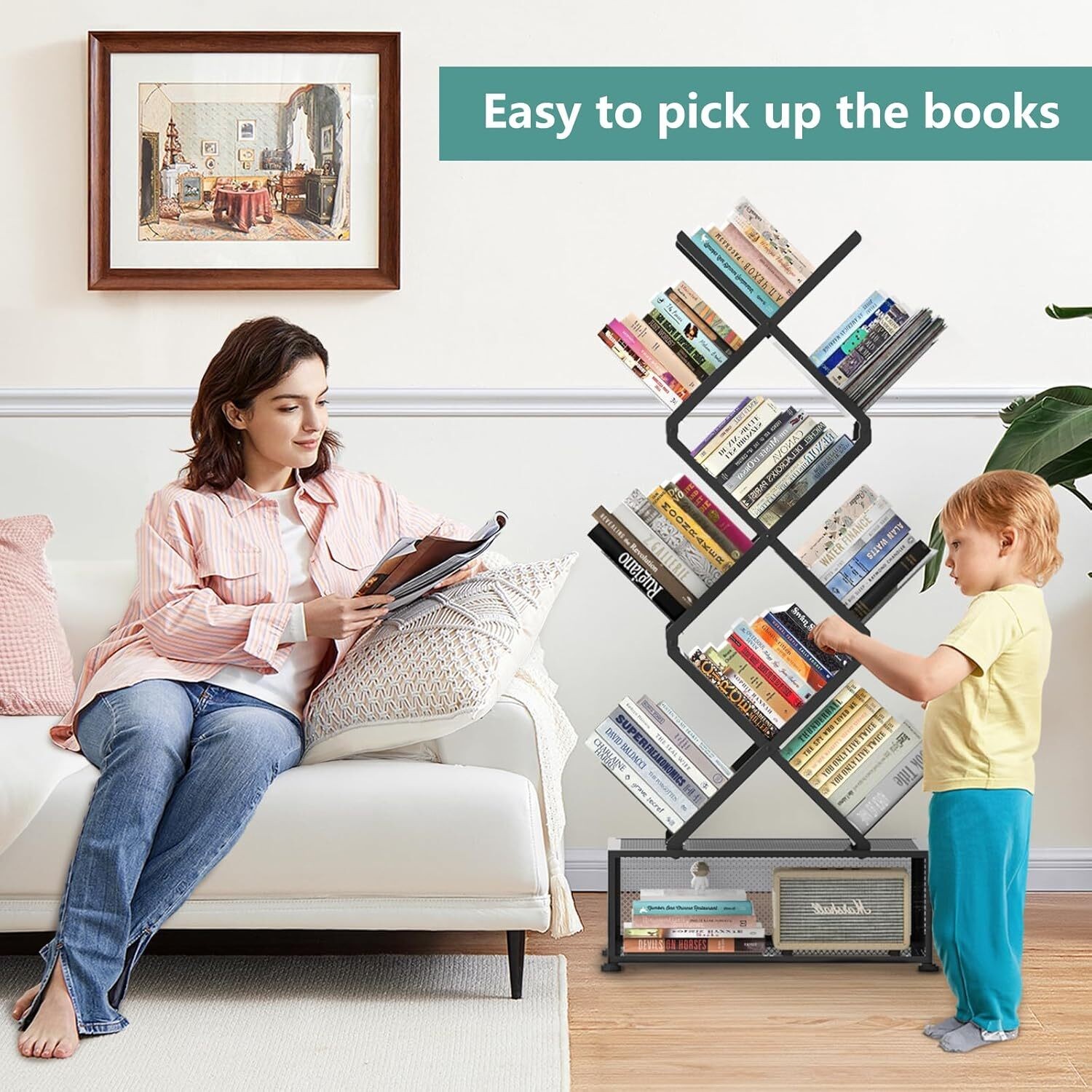 Folding Bookshelf,9 Tier Tree Bookshelf with Storage Cabinet, Stylish Bookshelf