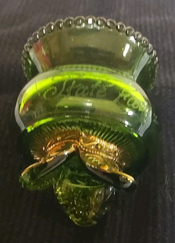 Vintage Green Glass Toothpick Holder Gold Accent Colorado US Glass Co. "1909"