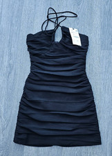 Zara Draped Ruched Bodycon Mini Black Dress Size XS UK 6 8 Cocktail Xmas Party