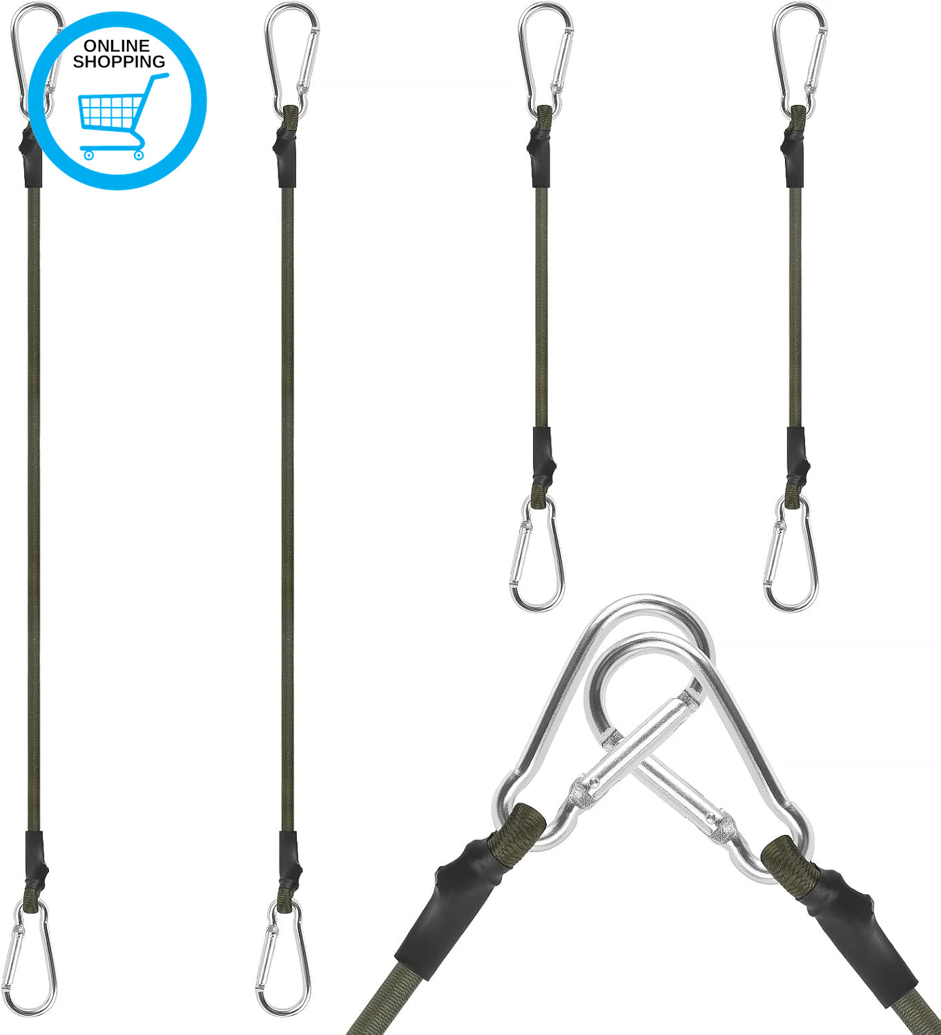 4Pcs Carabiner Bungee Cord, 30/60Cm Heavy Duty Elasticated Cords, Outdoor Strong