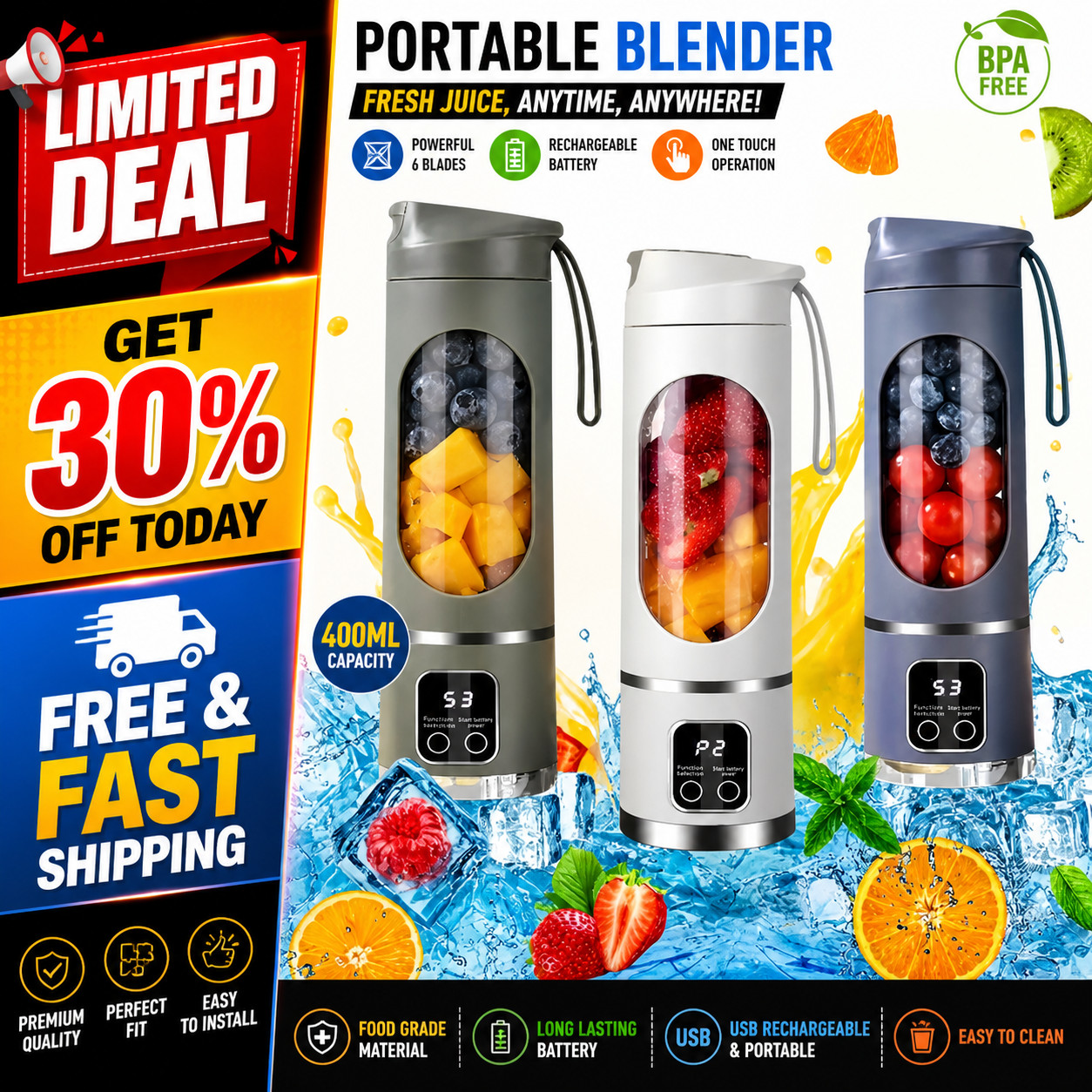 Portable Blender Juicer Cup USB Rechargeable Smoothies Mixer