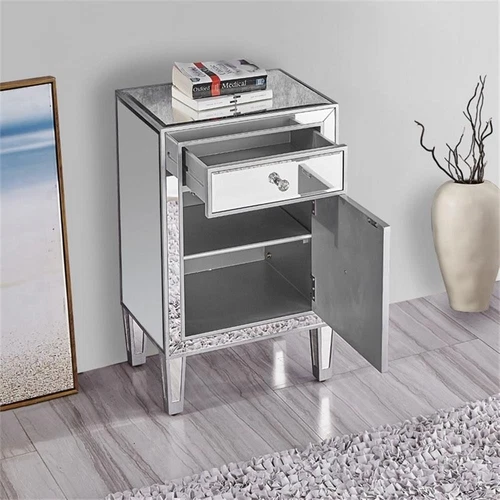 Elegant Decor Reflexion 1 Door Mirrored End Table in Antique Silver - Picture 8 of 11