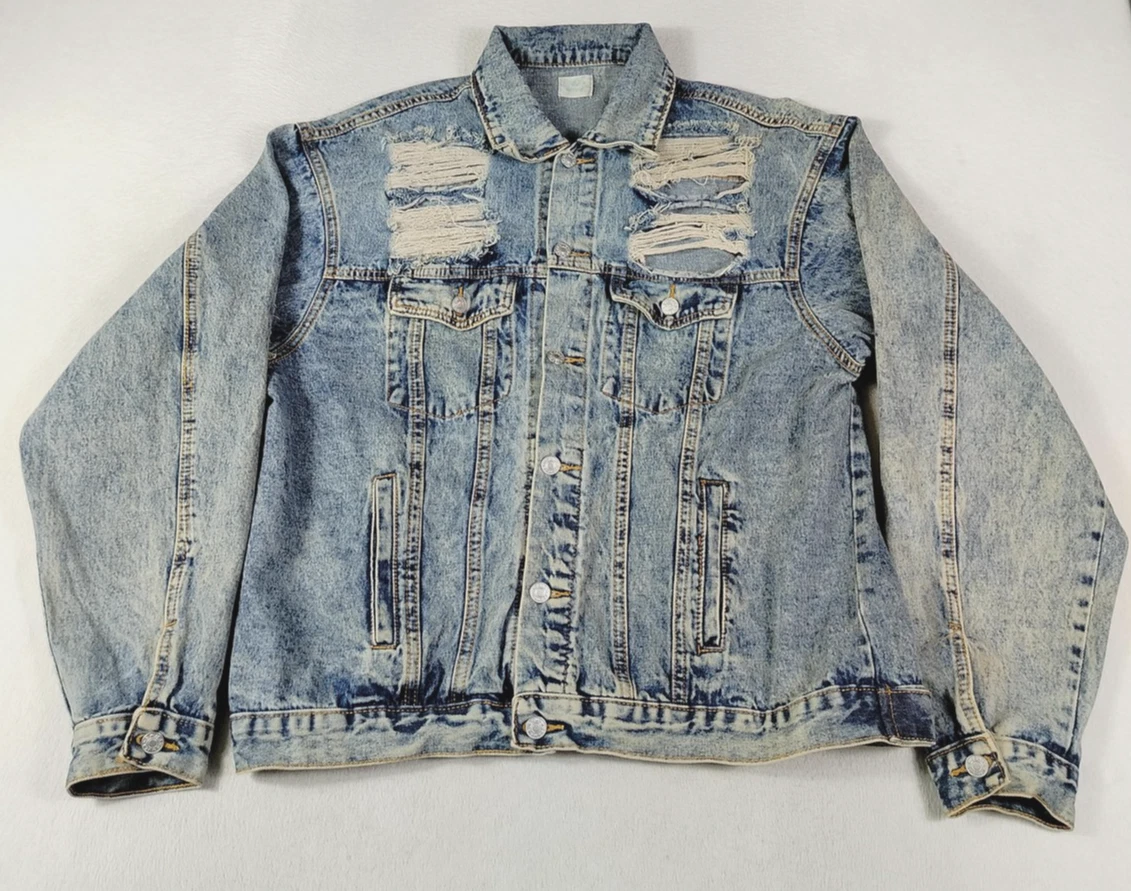 Blue Buttercup Jacket Mens Large Blue Distressed Acid Wash Denim Trucker Grunge