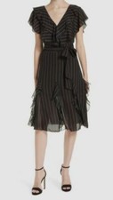 $530 Alice + Olivia Women's Black Tessa Ruffle Godet Stripe Dress Sz 0 *No Belt*