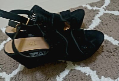 Women's Black Cut-Out Sandal Slide Size 7.5 Wedge Cork Style Heel 2'' Ruff Hewn