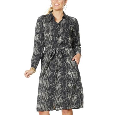 DG2 Diane Gilman Printed Charmeuse Shirtdress/Duster Women's Medium Black Python