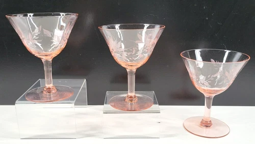 (3) Pink Depression Floral Optic Champagne Sherbet Glasses Set Vintage Etch Lot