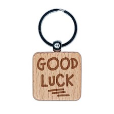 Good Luck Cute Text Engraved Wood Square Keychain Tag Charm