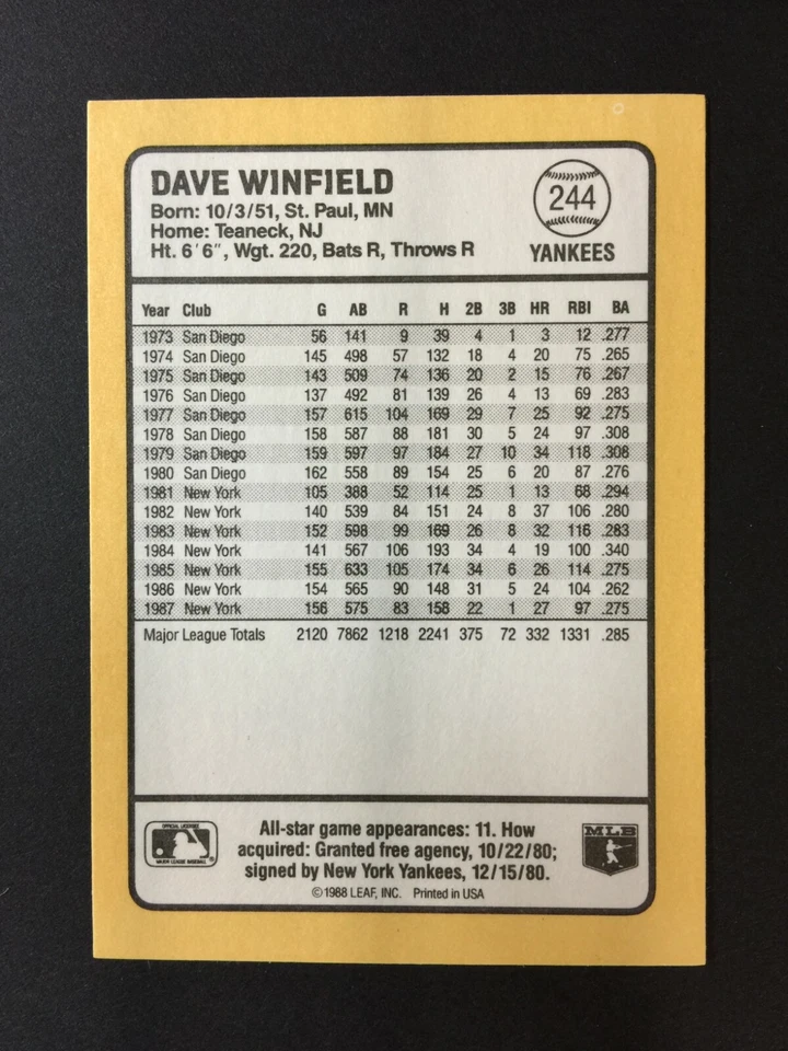 1988 Donruss Best Set Break #244 DAVE WINFIELD * NM-MT or BETTER L12120706 - Image 2 of 4