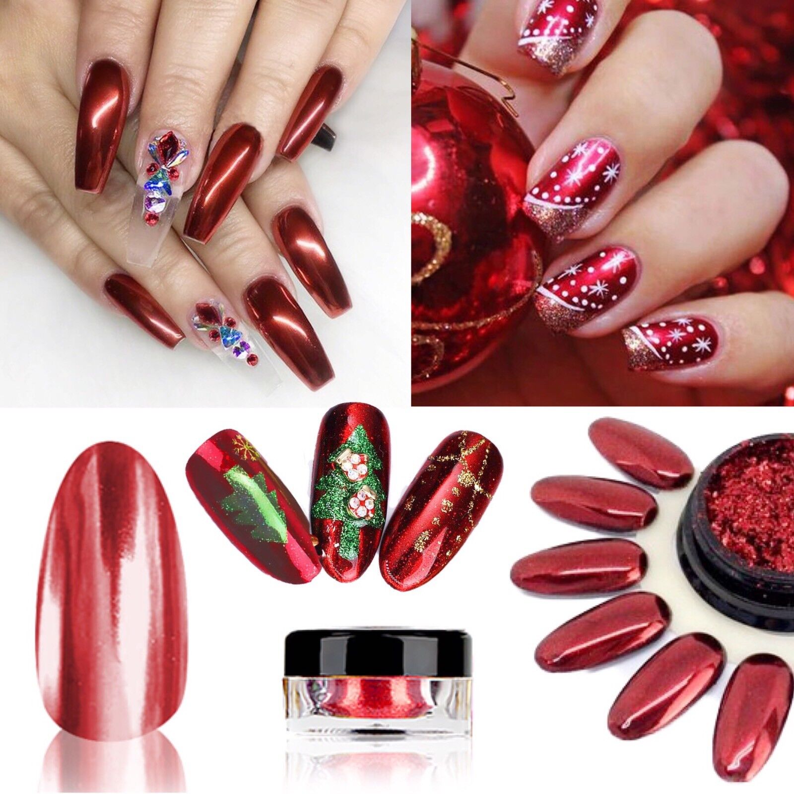 4 Colors Nail Chrome Powder with Brush, Mixed Red Silver Brown Pink Mirror  Metallic Nail Glitter Pigment Rubbing on Nails Decoration Winter Autumn