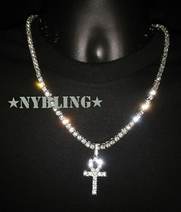 Authentic 14K Gold Plated Tennis Chain Choker W Ankh Pendant Iced Cz Hip Hop Necklace 5Mm