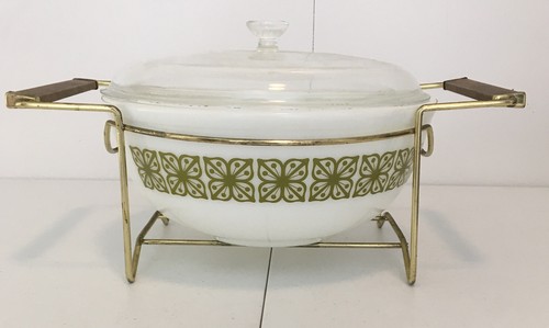 VINTAGE PYREX GLASS MIXER BOWL 404 Square Flowers Verde Green 4 quarti con supporto - Foto 1 di 9