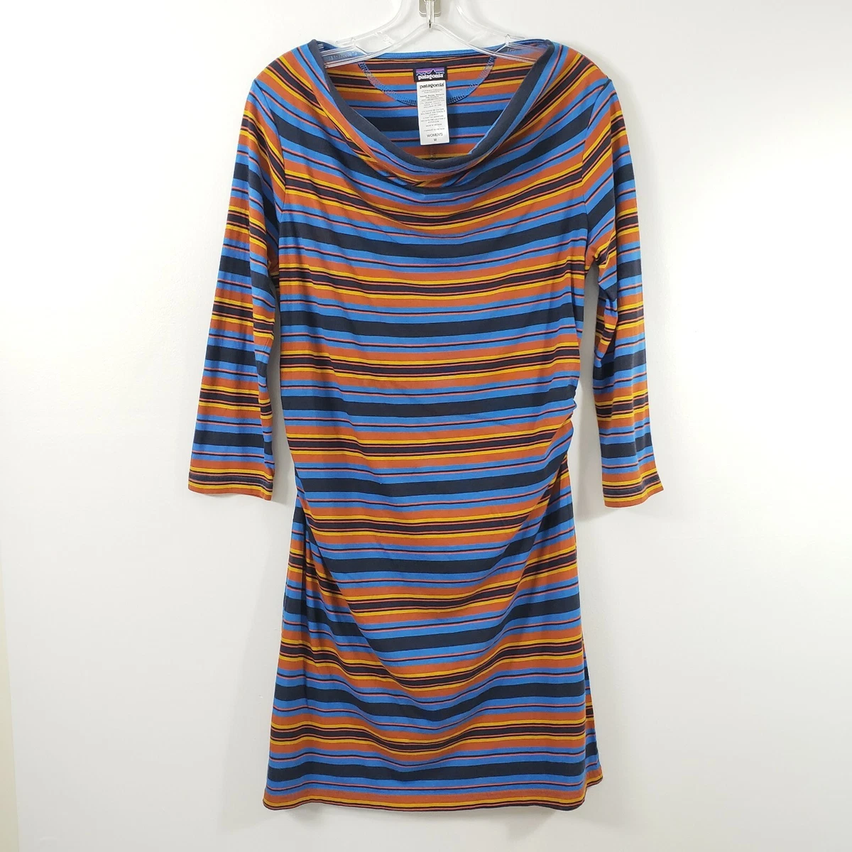 Patagonia Size M Womens Kamala Striped Dress Cowl Neck 3 4 Sleeve
