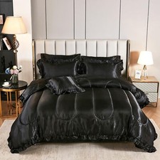 Satin Comforter Set with Sheet Set Queen 8 Pieces Silk Like Black Bedding Com...