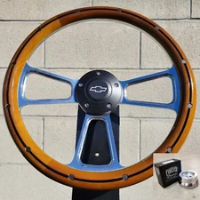 14" Inch Billet Steering Wheel Wood Wrap Chevy Bowtie Horn + Adapter GM Flaming