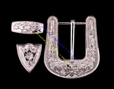 Shiny Silver Western Beauty Floral Engraved Belt Buckle 3PCS Set Fits 1" Straps