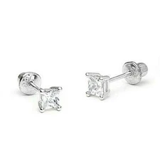 1.5 mm Princess Diamond Tiny Stud Screw back Earrings in 14k White gold