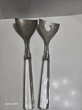 Vintage MCM MINIMALIST SALAD SERVER Utensil Set Silverplate With Crystal Handles