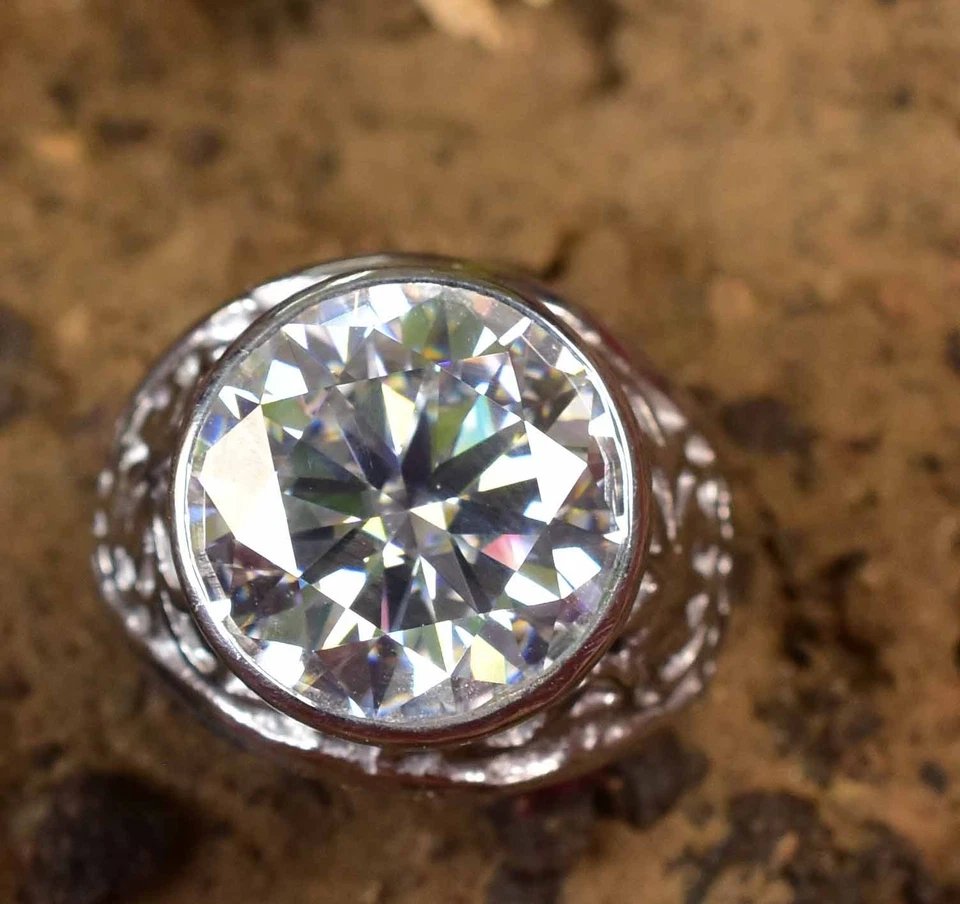 15.00 MM Round Huge Moissanite 925 Sterling Silver Men Carving Ring Certified - Image 2 of 4