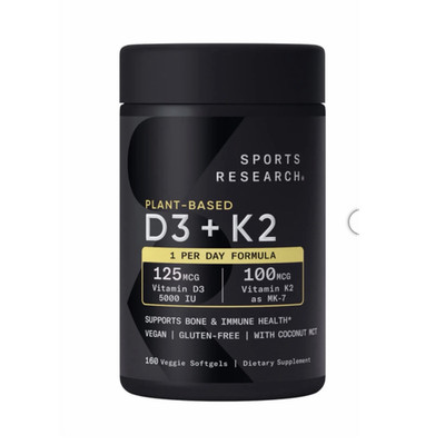 Sports Research Plant-Based D3 125mcg + K2 100mcg Vegan Non-GMO 160 Softgels