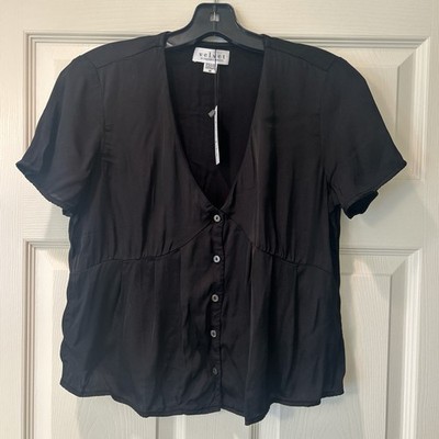  Velvet Black Silky Blouse With Button Up V Neck.  Size Extra Small