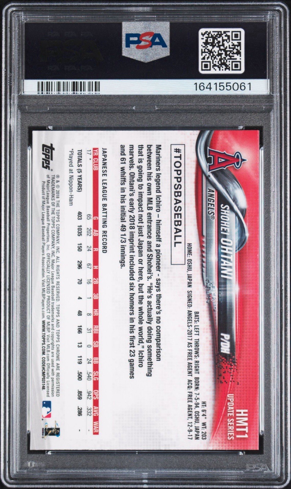 2018 Topps Chrome Update #HMT1 Shohei Ohtani RC PSA 9 Pitching view 2
