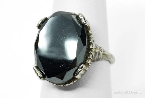 Vintage Mid-Century Hematite Sterling Silver Ring - Size 7
