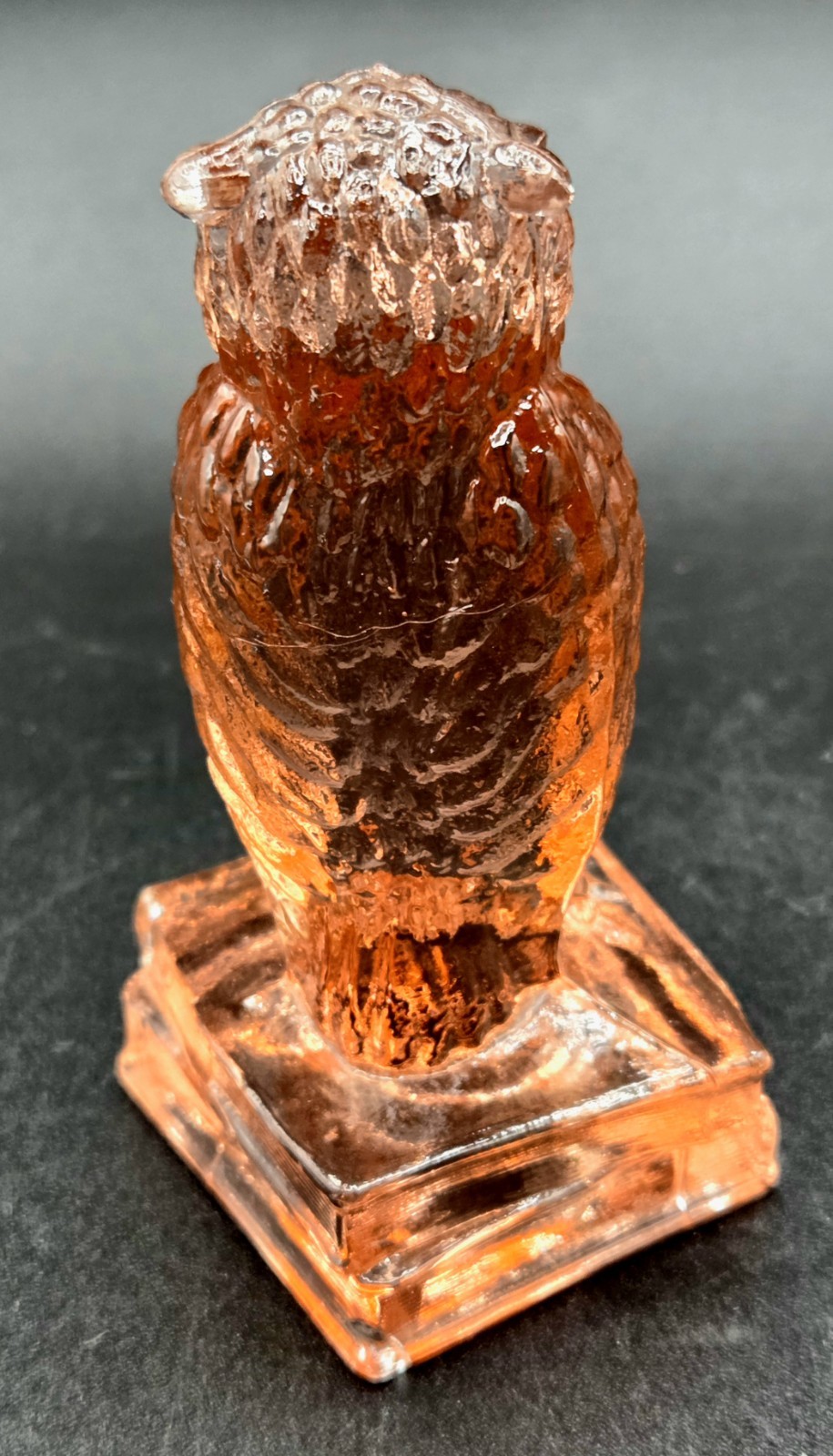 Vtg. Degenhart Peach/Pink Glass Wise Owl on Books Figurine Paperweight Cadmium