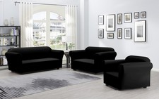 E084 3PCS SET BLACK 3PCS STRETCH PLAIN SOLID SOFA COVER SET
