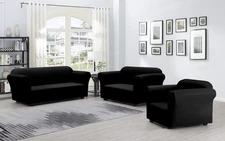 E084 3PCS SET BLACK 3PCS STRETCH PLAIN SOLID SOFA COVER SET