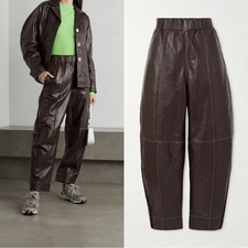 GANNI Tapered Barrel Leg Pants in brown lamb leather size 34EU/2US