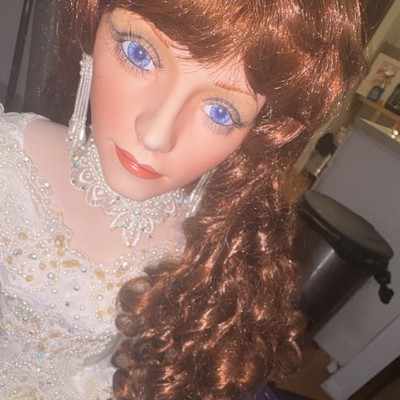 Rustie Signed 1999 Porcelain Girl Doll Red Curly Hair Brown Eyes Lace Dress 42in