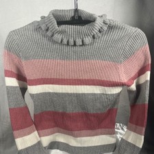 Tommy Bahama Girls Ruffle Neck Ribbed Sweater Pink Gray Striped