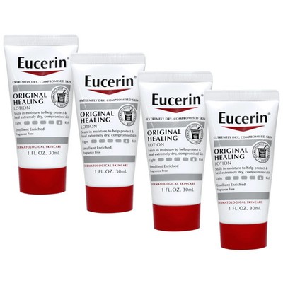 4 Eucerin Original Healing Lotion Unscented 1 fl oz. Travel Size *New*