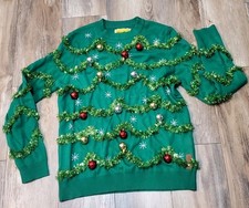 Tipsy Elves Christmas Sweater With Garland And Decorations Red Gold Green Size L