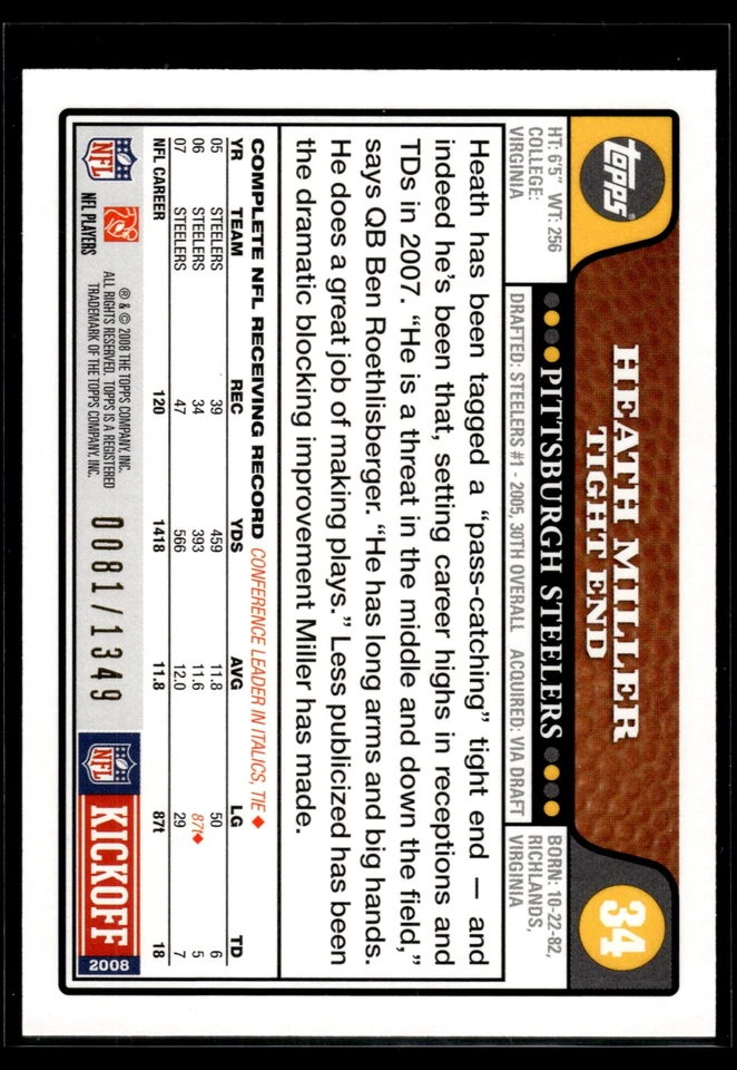 Heath Miller 2008 Topps Kickoff Card /1349 #34 - Image 2 of 2