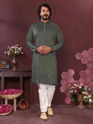 Ensemble Kurta Pyjama Homme Ethnique Prêt à Porter Coton Doux Violet - Photo 1/4