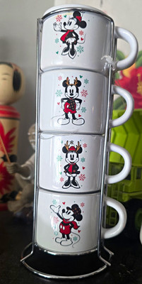 Disney Mickey Mouse 4 Mini Mug Set w/ Metal Stand Holder Silver Buffalo