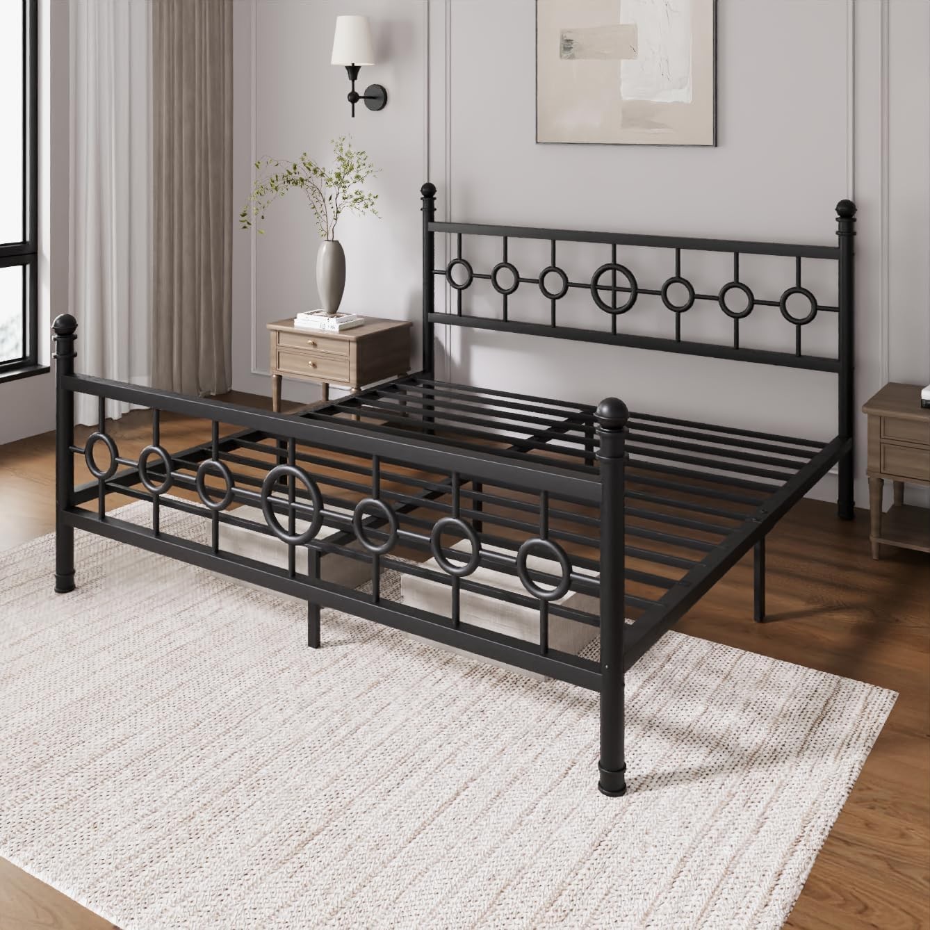 King Size Bed Frame Metal Platform Bed with Retro Circular Headboard & Footboard