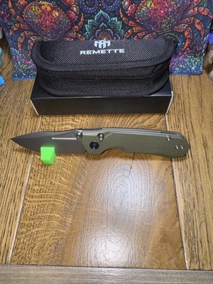 #ad NEW REMETTE Rhino OD Green. G10 Scales. D2 Steel. Button Lock Thumb Stud $35.00