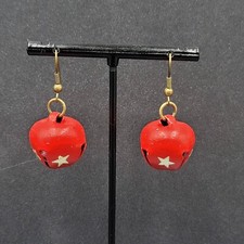 Christmas Pierced Earrings Gold Star Red Painted Jingle Bells 3/4"