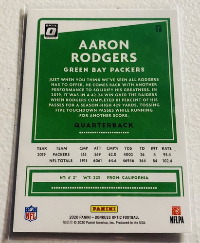 Aaron Rodgers- Donruss Optic 2020 Base #38. Green Bay Packers - Picture 2 of 2