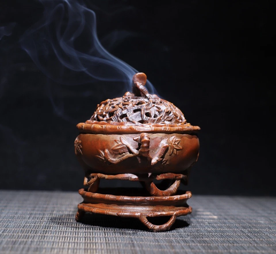 Queimador de incenso de madeira antiga porcelana rara 10,5 cm queimador de incenso de buxo natural - Imagem 3 de 4