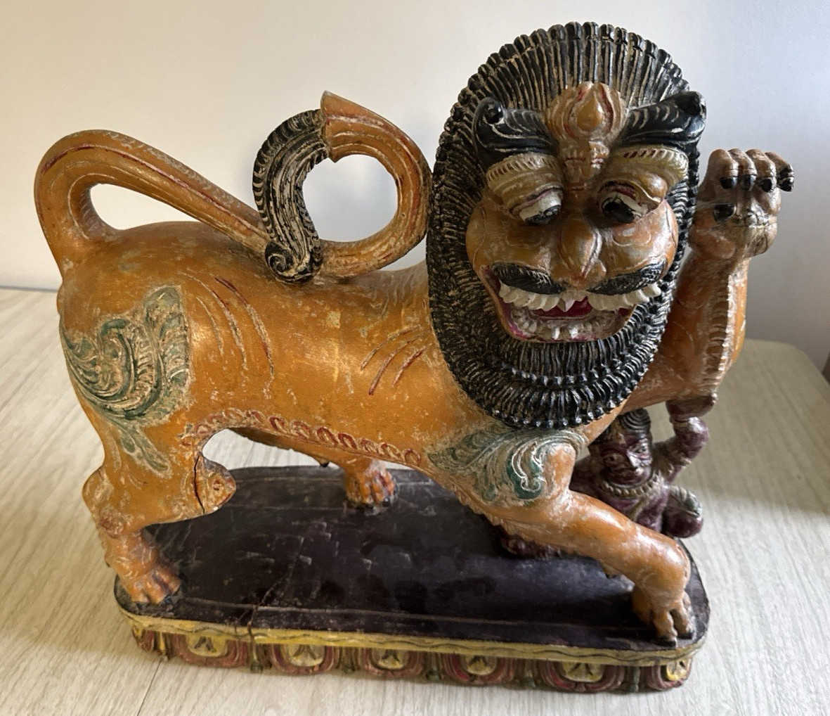Antique Mythical Lion & Hunter - Hand Carved & Painted India 19th Century Yali