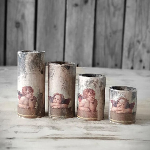 Vintage Holzkerzenhalter 4Er Set Rund Teelichthalter Kerzenhalter Holz Handarbei-image
