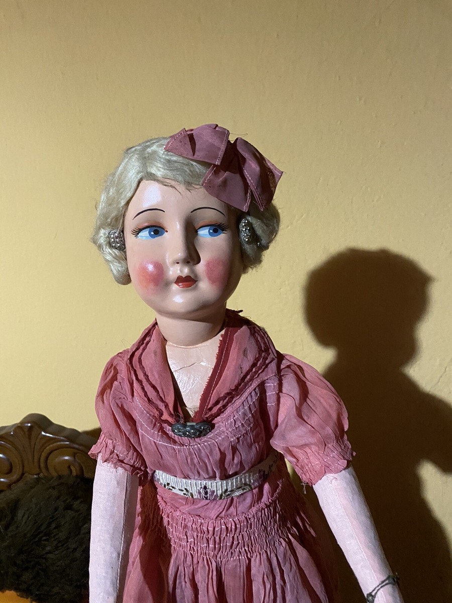 Antica Bambola in Cartapesta e Paglia Restaurata Doll Poupee