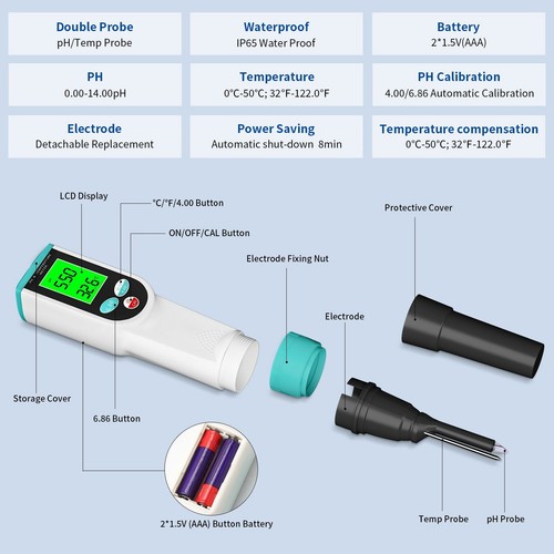 PH Meter Spear Tip Reads 0.00~14.00pH Temp ATC Test Meat Cheese Soil Creams - Picture 5 of 13